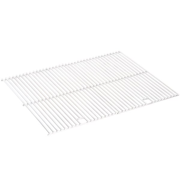 A white metal Crown Verity cooking grate with a grid on it.