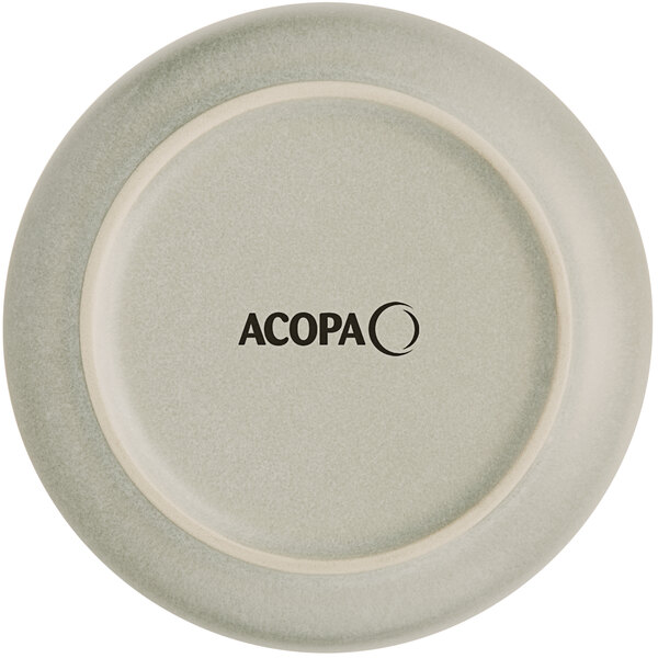 A white Acopa porcelain saucer with black text that reads "Acopa"