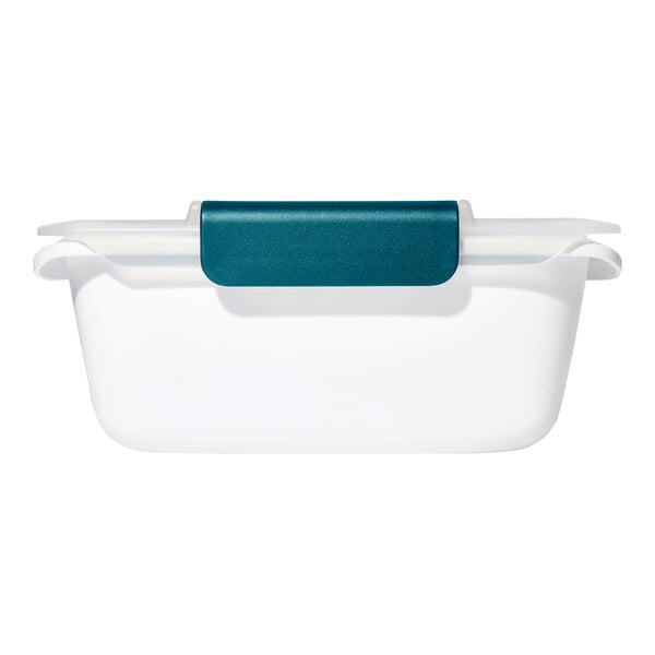 A white rectangular container with a blue snap-on lid and a divider tray.