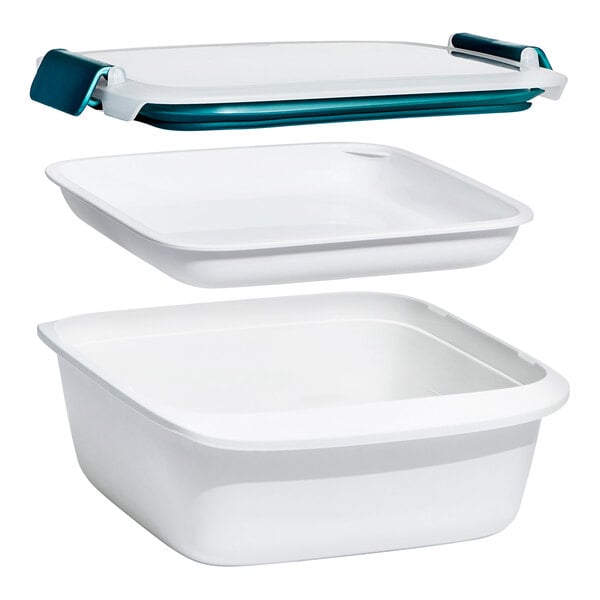A white square container with a matching divider tray and a blue-accented snap-on lid, shown separated into three parts.
