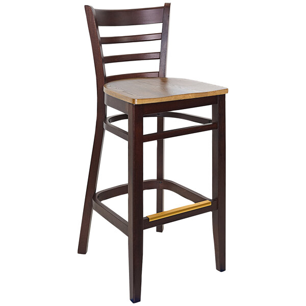 A BFM Seating Berkeley dark walnut beechwood barstool with a ladder back and autumn ash wood seat.