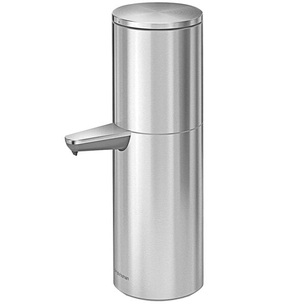 A brushed stainless steel simplehuman soap dispenser with a touchless sensor pump.