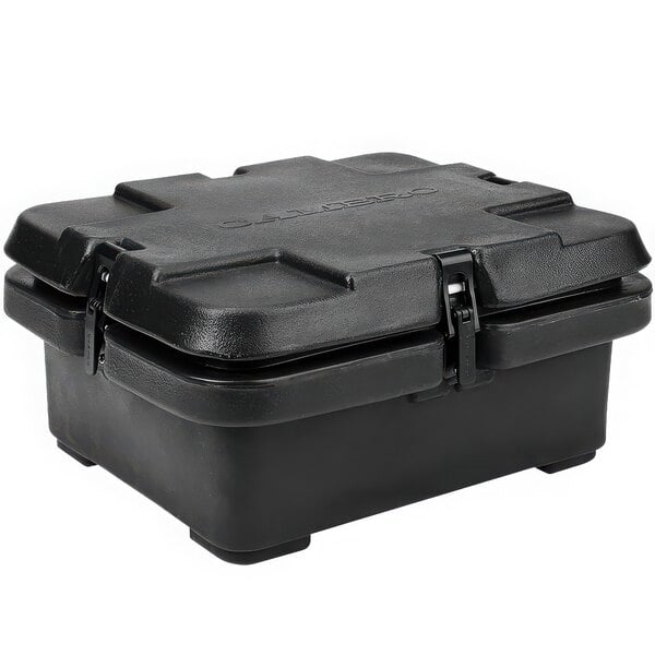 A black plastic box with a lid and two latches.