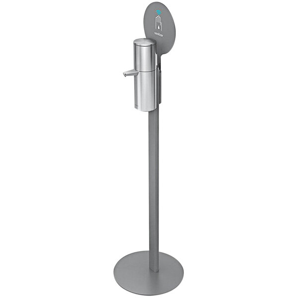 A simplehuman carbon steel floor stand with a silver soap dispenser.