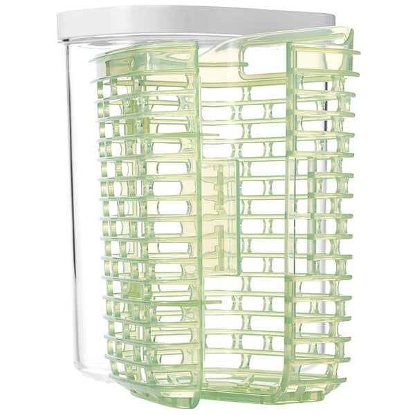 A clear OXO herb keeper with green plastic inside.