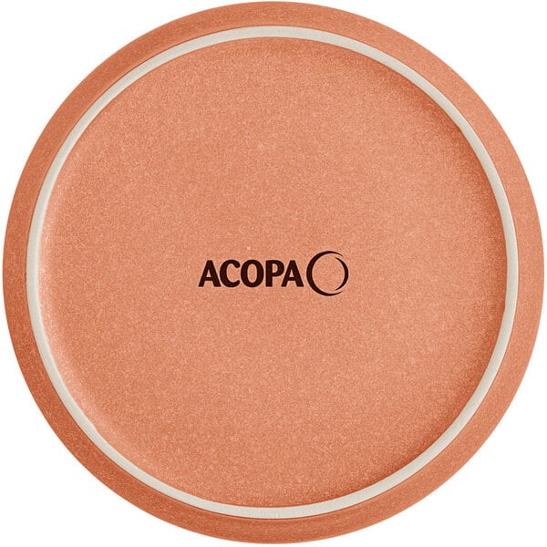 An Acopa Pangea terra cotta matte coupe porcelain plate with the Acopa logo.