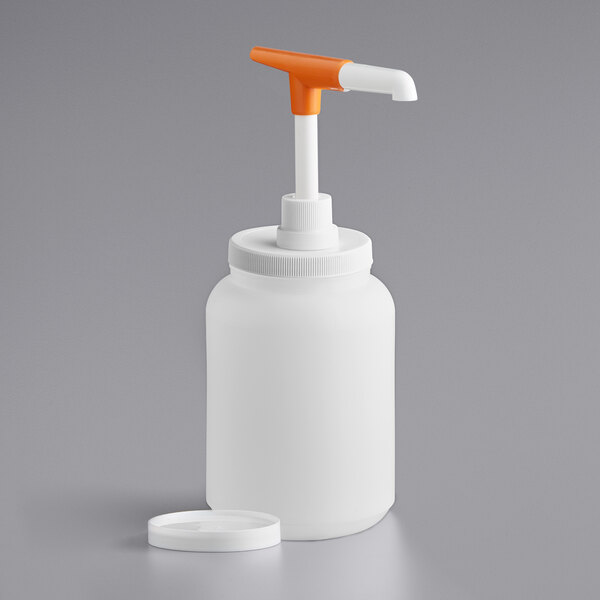 A white plastic bottle with a white and orange Choice maxi pump attached.