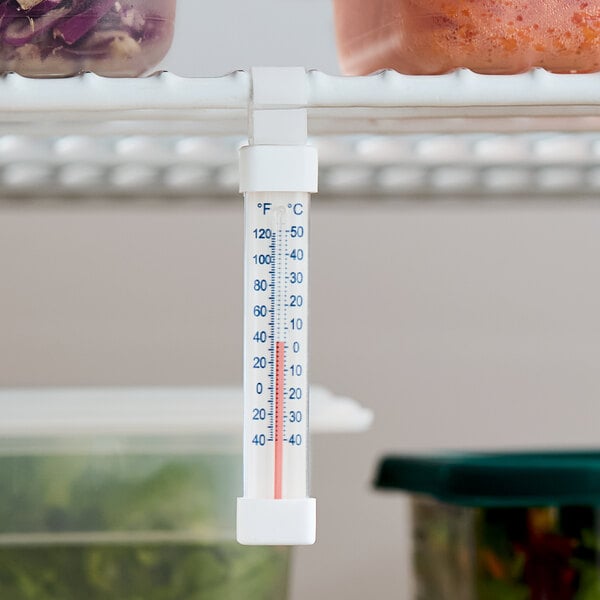 A tube-shaped refrigerator and freezer thermometer hanging from a wire shelf.