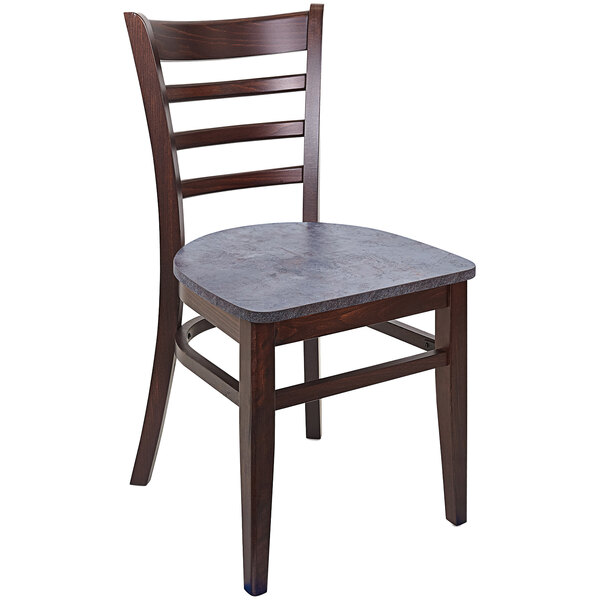 A BFM Seating Berkeley beechwood restaurant chair with a blue cushion.