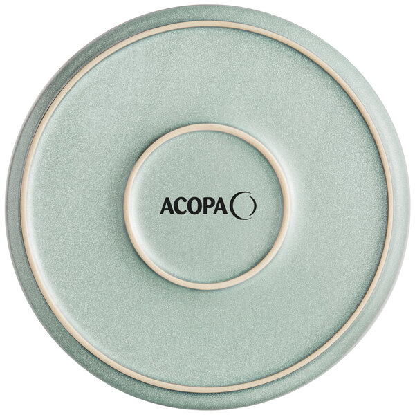 A close up of an Acopa Harbor Blue matte coupe porcelain plate with the word "Acopa" on it.