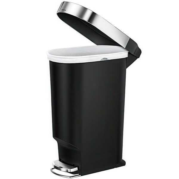 A black plastic simplehuman slim step-on trash can with a white lid.