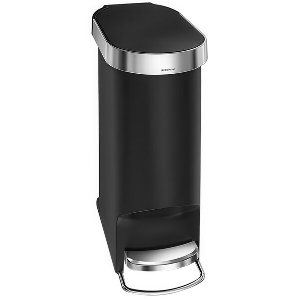 A black simplehuman slim step-on trash can with silver accents.