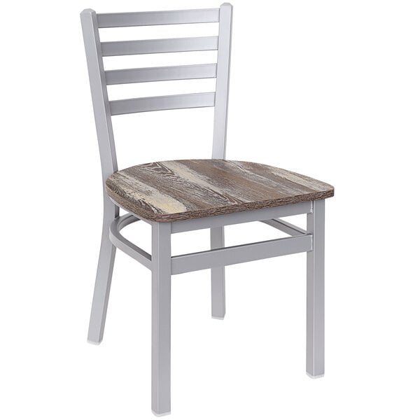 A BFM Seating Lima steel ladder back side chair with a wooden seat and metal frame.