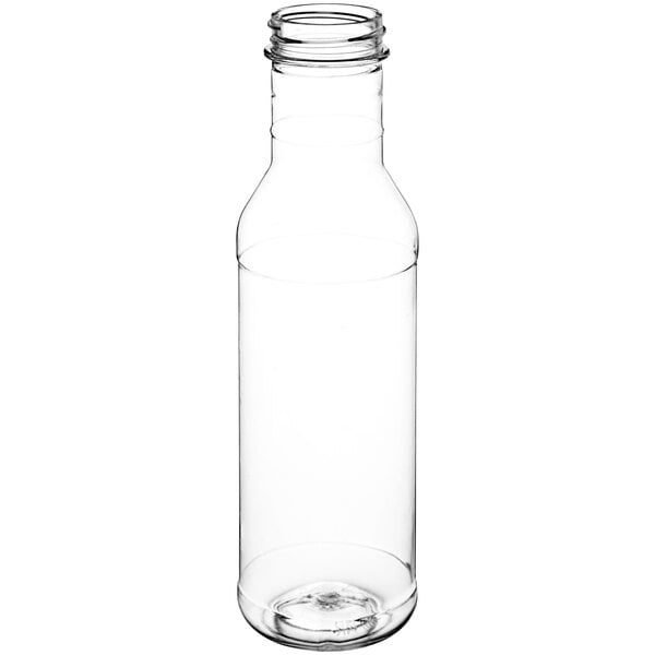 A clear PET ring neck sauce bottle with a white lid.