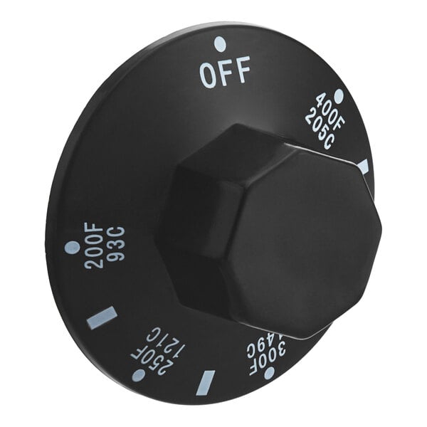 A black Avantco temperature dial knob with white text that says "off"
