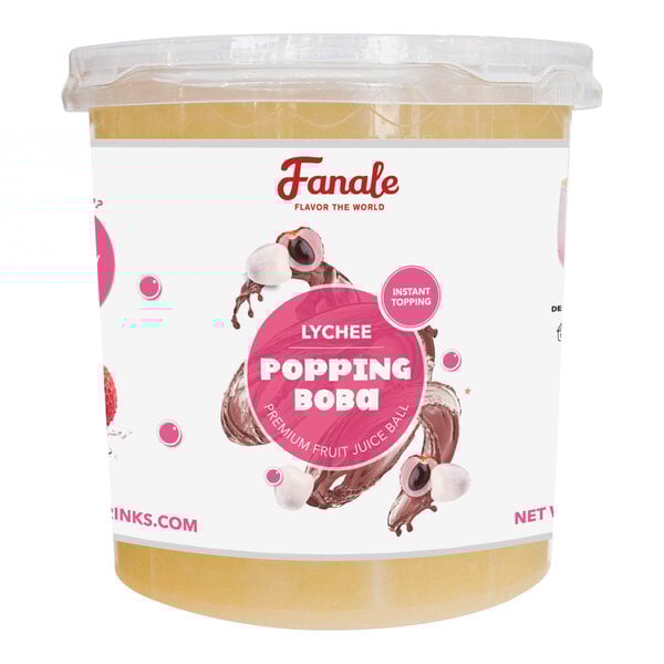 A white container of Fanale Lychee Popping Boba with a label.