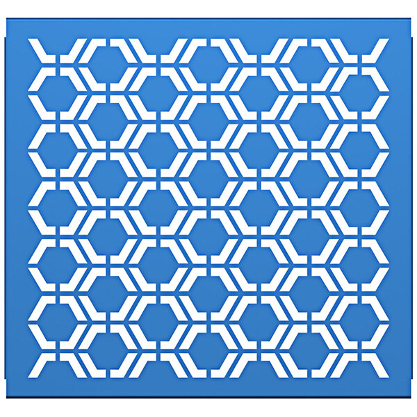 A white hexagon pattern on a blue background.