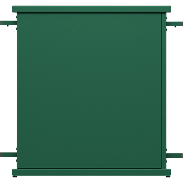 A forest green metal planter with a circle top and two metal bars.