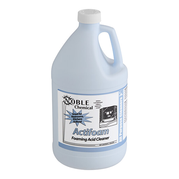 A white jug of Noble Chemical Actifoam concentrated acidic foam restroom cleaner.