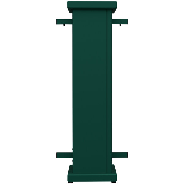 A forest green metal stand with a square top cut-out.