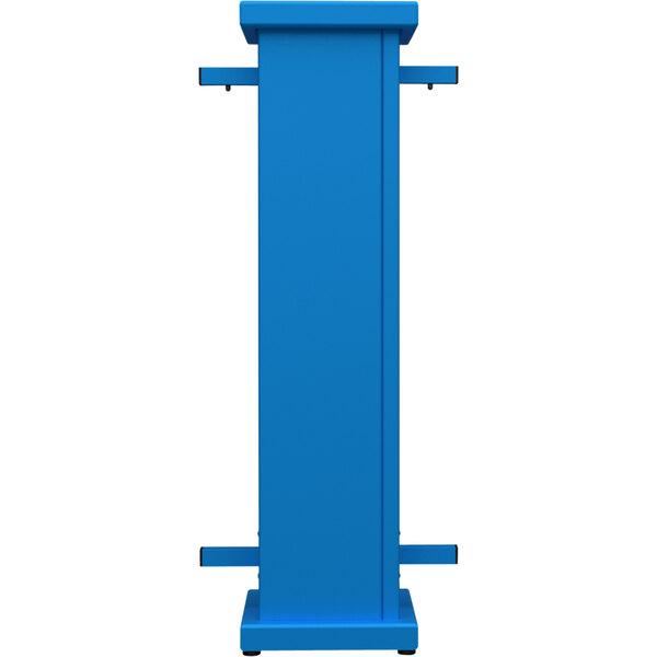 A sky blue rectangular planter with a circle top cut-out on a metal stand.