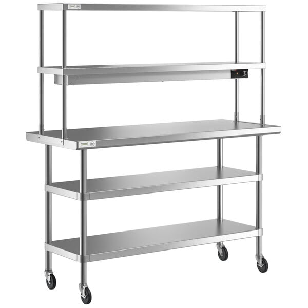 A silver metal Regency expeditor table with 3 shelves and wheels.