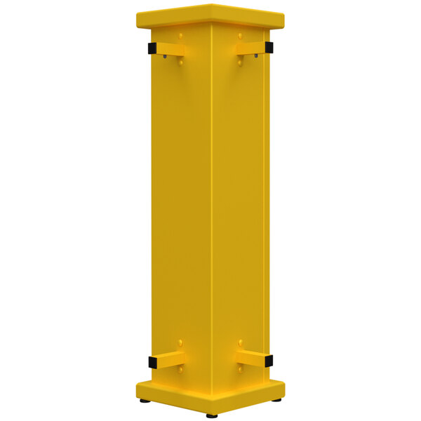 A bright yellow metal corner planter with square top cut-out and black legs.