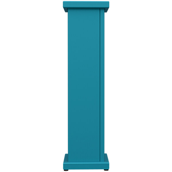 A teal rectangular stand-alone planter with a square top and metal base.