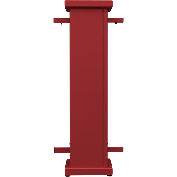 A red metal rectangular stand with a circle top cut-out.