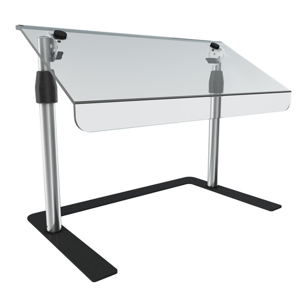 A Vollrath mobile steel sneeze guard with a straight acrylic breath guard on a table in a bar.