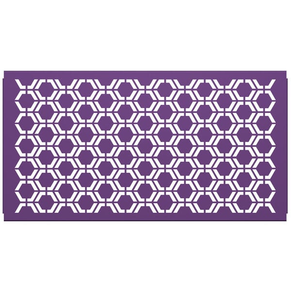 A purple hexagonal partition panel with white geometric pattern.