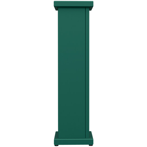 A forest green rectangular pedestal with a circle top cut out.