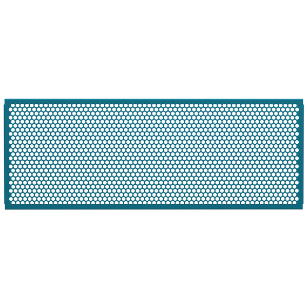 A teal metal mesh partition panel with circle cutouts.