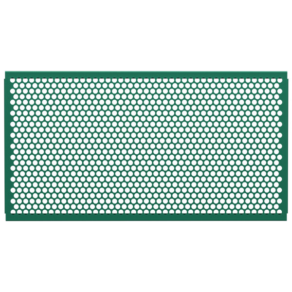 A forest green metal mesh partition panel with circle patterns.