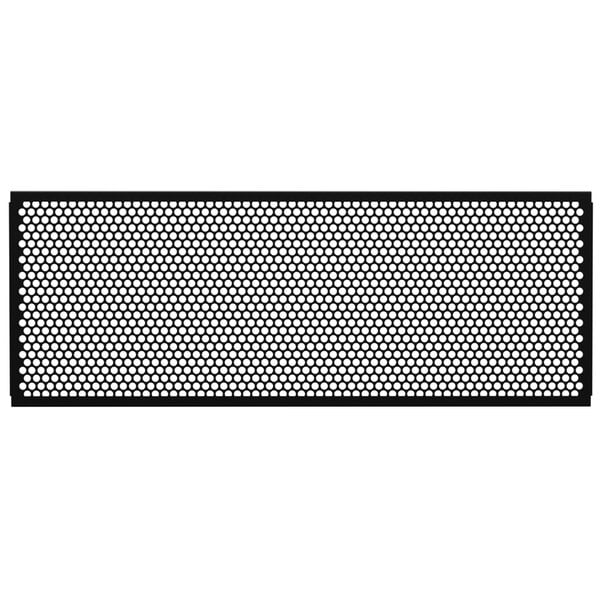 A black metal mesh partition panel with a circle pattern.