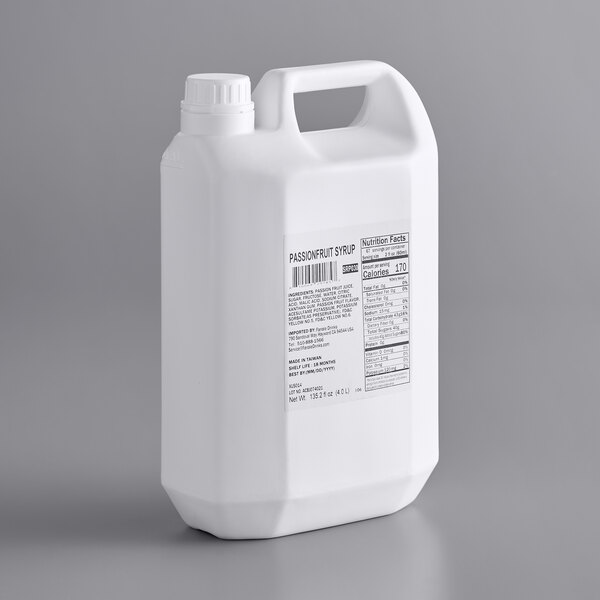 A white plastic container of Fanale Passion Fruit Concentrated Syrup with a handle.