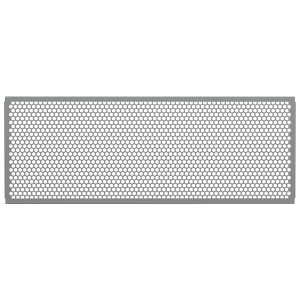 A close-up of a metal mesh partition panel with a circle pattern.