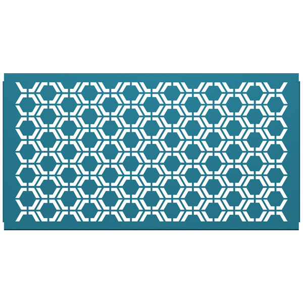 A teal hexagonal pattern panel with a white background.