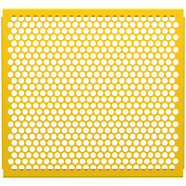 A yellow perforated metal partition panel with white circles.