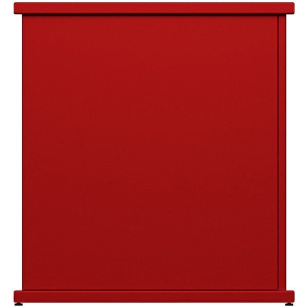 A red rectangular stand-alone planter with circle top cut-outs.