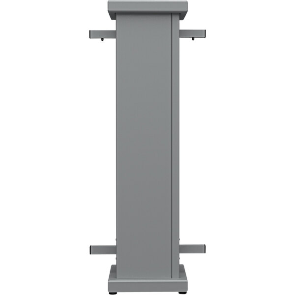 A gray rectangular stand with a circle top cut-out.