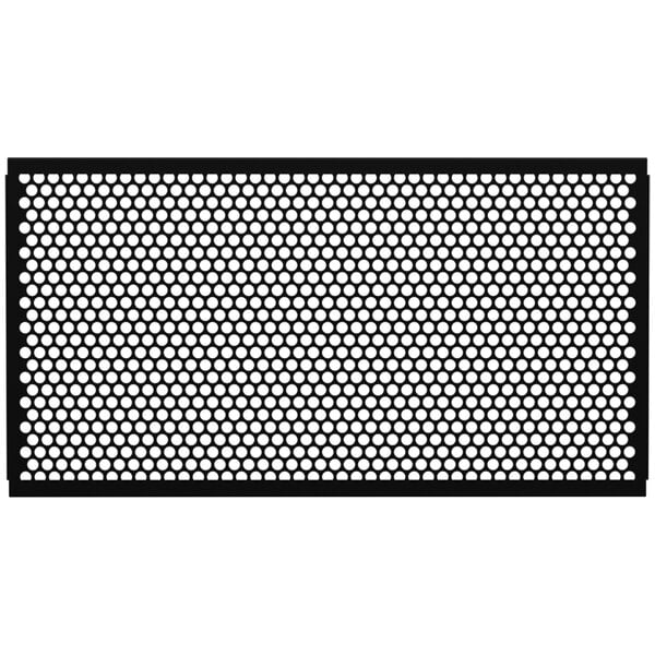 A close-up of a black metal mesh with circle cutouts.