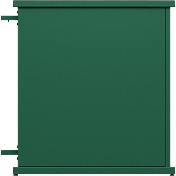 A forest green metal end planter with circle top cut-outs.