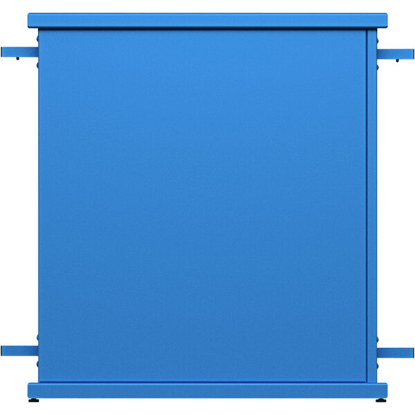 A sky blue metal planter box with a rectangle top cut-out and metal bars.