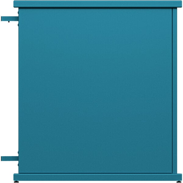A teal metal rectangular end planter with circle top cut-outs.