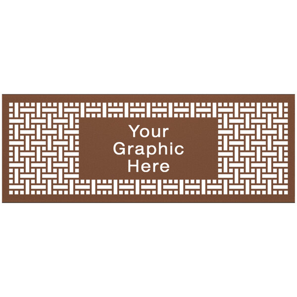 A brown square weave pattern partition panel with a white rectangular sign with the words "your graphic here" in white.