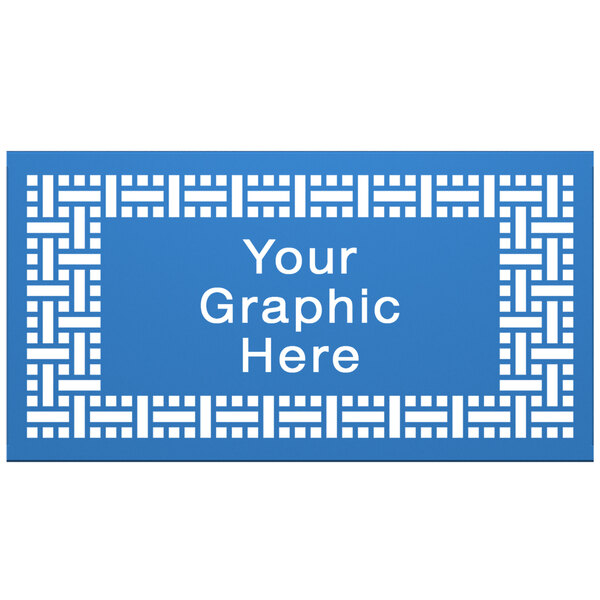 A sky blue square weave pattern panel with white rectangle and text.