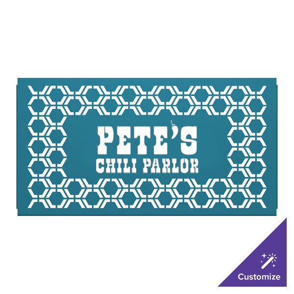 A teal hexagonal partition panel with a purple and white triangular pattern and white text.