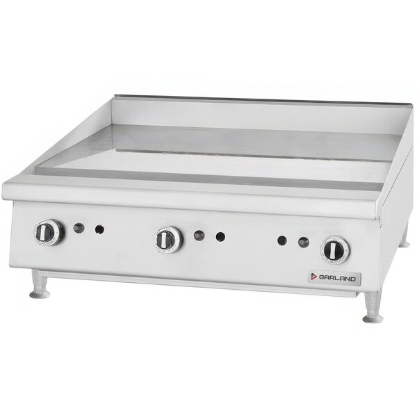 A white rectangular Garland countertop griddle with manual controls.