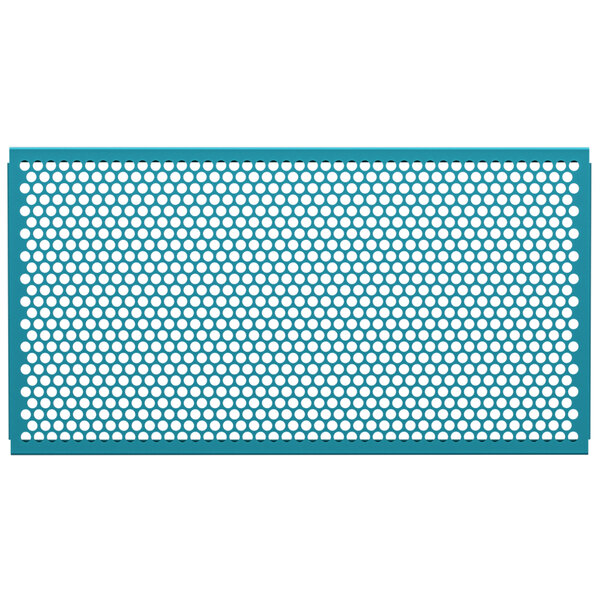 A teal mesh partition panel with a circle pattern.